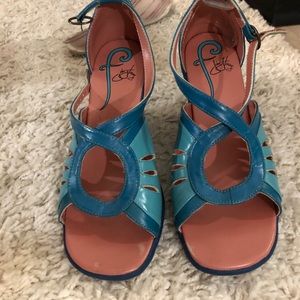Fluevog turquoise blue sandals heels 8